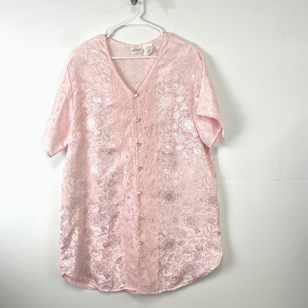 Adonna Nightgown Robe Women Size Large Button Down Chemise Lace Pink Lace